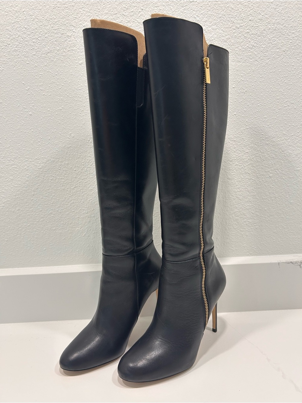 Michael Kors Black Leather Over-the-Knee Stiletto Boots with Gold Zip